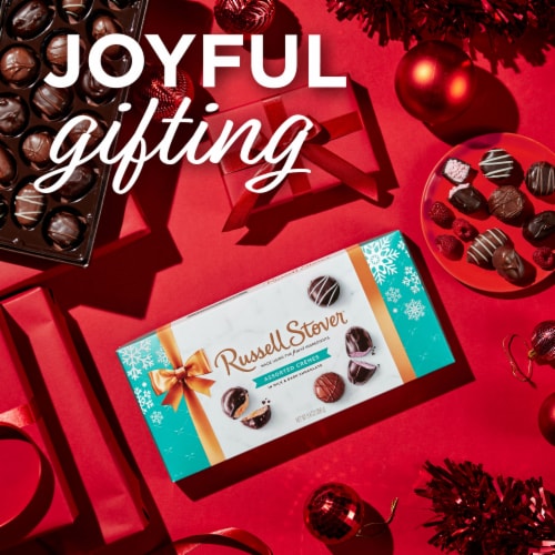 RUSSELL STOVER Christmas Assorted Crèmes in Milk & Dark Chocolate Gift Box Perspective: left