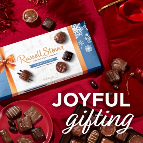 RUSSELL STOVER Christmas Caramels & Nuts in Milk & Dark Chocolate Gift Box Perspective: left