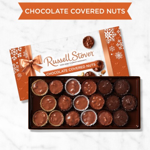 RUSSELL STOVER Christmas Chocolate Covered Nuts Assortment in Milk & Dark Chocolate Gift Box Perspective: left