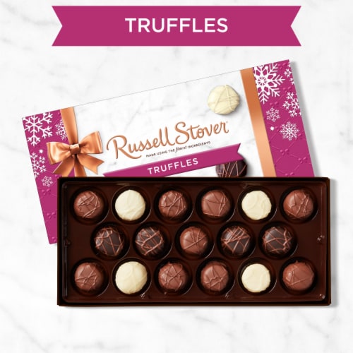 RUSSELL STOVER Christmas Truffles in Milk Dark & White Chocolate Gift Box Perspective: left