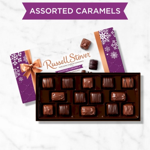 RUSSELL STOVER Christmas Assorted Caramels in Milk & Dark Chocolate Gift Box Perspective: left