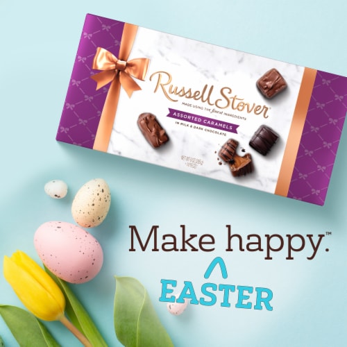 RUSSELL STOVER Assorted Caramels Milk & Dark Chocolate Gift Box Perspective: left