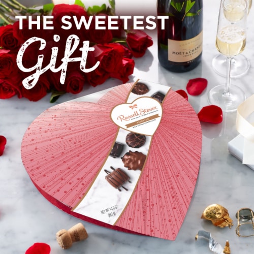 RUSSELL STOVER Valentine's Day Rose Gold Assorted Milk & Dark Chocolates Heart Gift Box Perspective: left