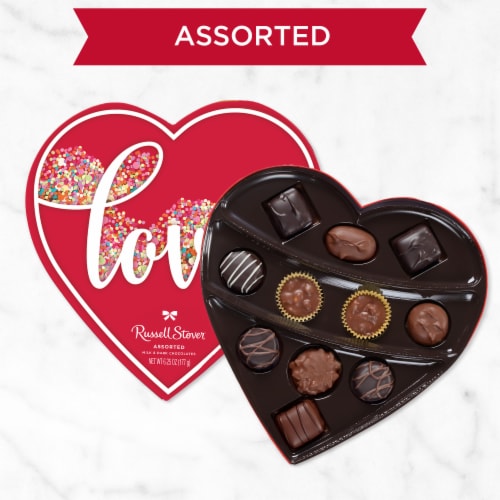 RUSSELL STOVER Valentine's Day Love Confetti Heart Assorted Milk & Dark Chocolate Gift Box Perspective: left