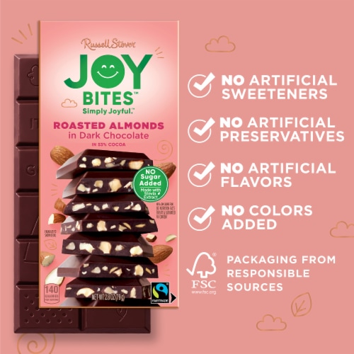 RUSSELL STOVER Joy Bites Roasted Almond Dark Chocolate Bar Perspective: left