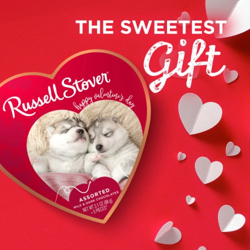 Russell Stover Assorted Chocolates Puppies Heart Valentine Candy Gift Box Perspective: left