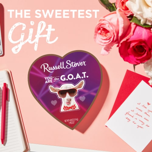RUSSELL STOVER Valentine's Day Pet Meme Heart Assorted Milk & Dark Chocolate Gift Box Perspective: left