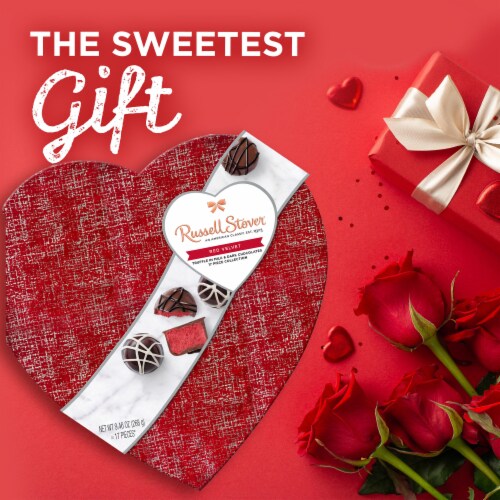 RUSSELL STOVER Valentine's Day Red Velvet Truffle in Milk & Dark Chocolate Heart Gift Box Perspective: left