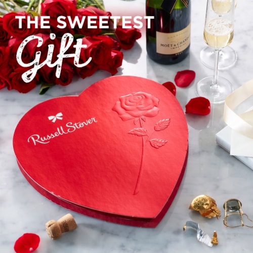 RUSSELL STOVER Valentine's Day Red Foil Heart Assorted Milk & Dark Chocolate Gift Box Perspective: left