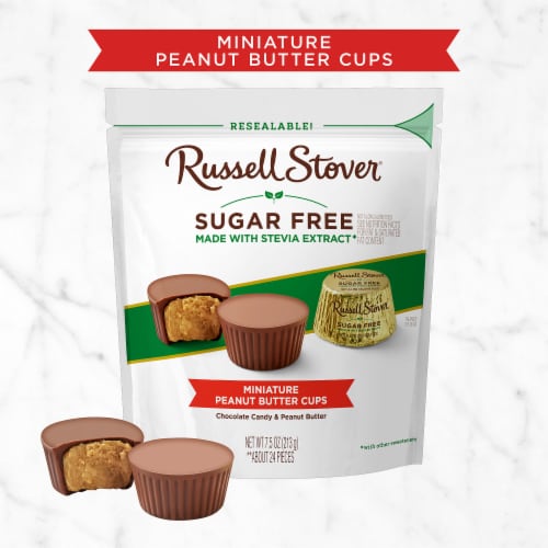 RUSSELL STOVER Sugar Free Miniature Peanut Butter Cup Chocolate Candy Bag Perspective: left