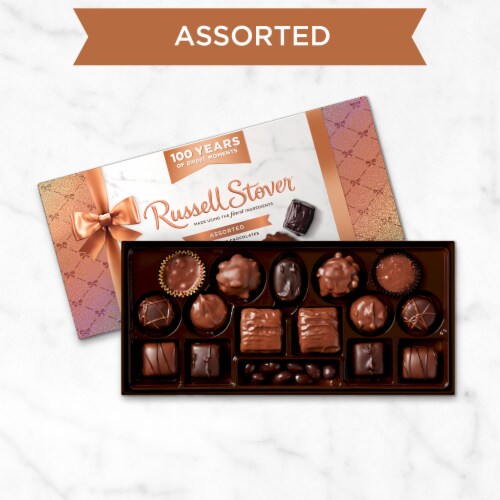 RUSSELL STOVER 100 Year Anniversary Assorted Milk & Dark Chocolate Gift Box Perspective: left