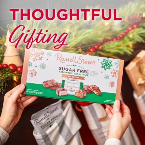 RUSSELL STOVER Christmas Sugar Free Assorted Chocolate Candy Gift Box Perspective: left