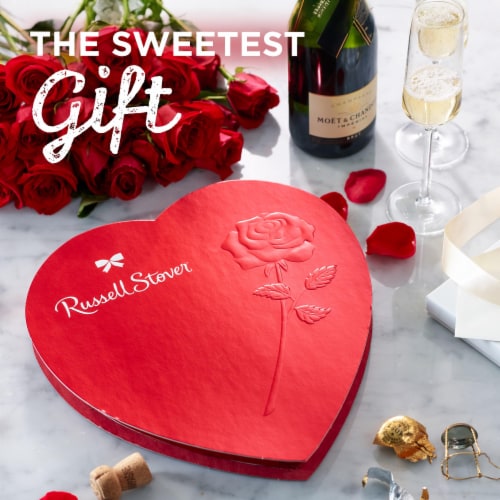 RUSSELL STOVER Valentine's Day Red Foil Heart Assorted Milk Chocolate Candy Gift Box Perspective: left