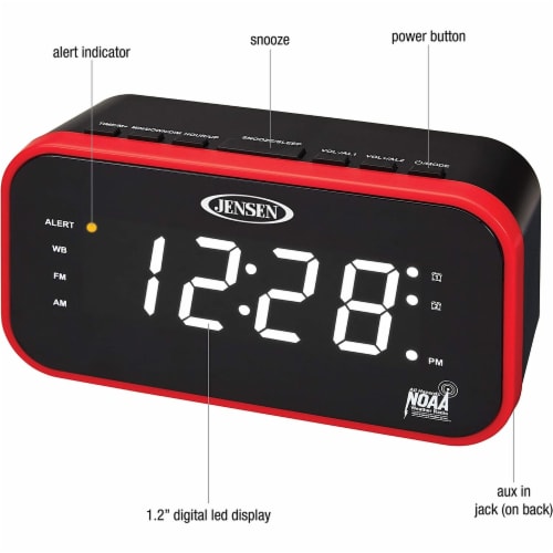 Jensen JEP-150 AM/FM Weather Band Clock Radio - Red/Black Perspective: left