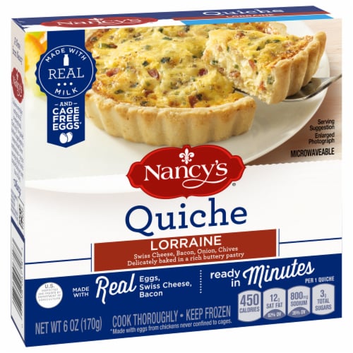 Nancy's Lorraine Quiche with Eggs, Swiss Cheese, Bacon, Onion & Chives Frozen Meal, Box Perspective: left