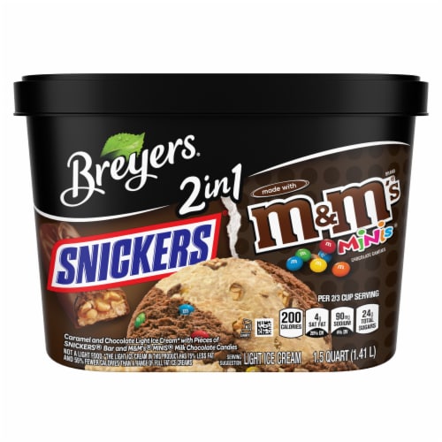 Breyers 2 in 1 Snickers M&M's Minis Light Caramel and Chocolate Ice Cream Perspective: left