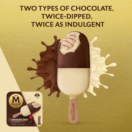 Magnum Duet Chocolate with Raspberry Swirl Dipped in White & Milk Chocolate Ice Cream Bars Perspective: left