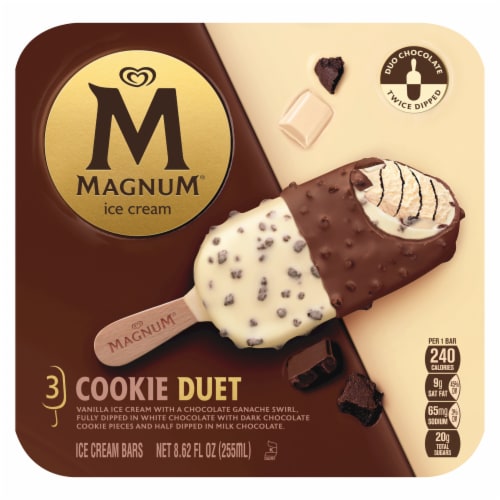 Magnum Cookie Duet Vanilla with Cookie Crunch Dipped in White & Milk Chocolate Ice Cream Bars Perspective: left