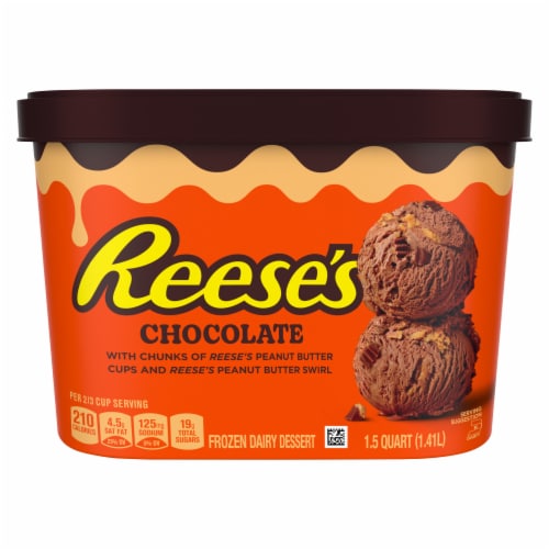 Reese's with Reese's Peanut Butter Cups and Peanut Butter Swirl Chocolate Frozen Dairy Dessert Tub Perspective: left