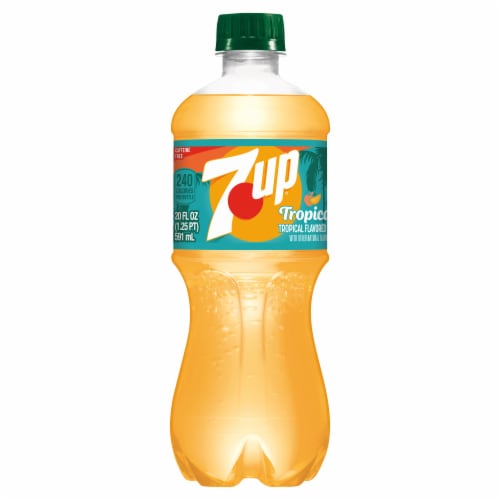 7UP Tropical Caffeine Free Lemon Lime Mango Peach Soda Bottle Perspective: left