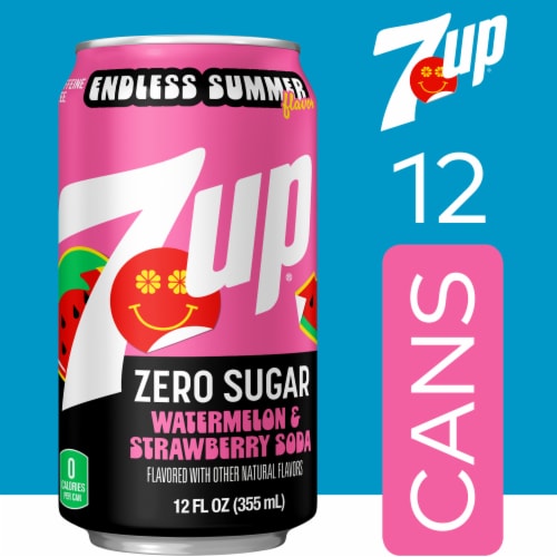 7UP Zero Sugar Caffeine Free Watermelon Strawberry Soda Cans Perspective: left