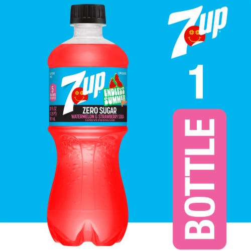 7UP Zero Sugar Caffeine Free Watermelon Strawberry Soda Bottle Perspective: left