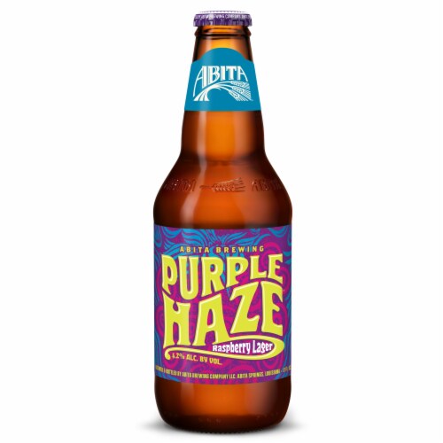 Abita Purple Haze Raspberry Lager Craft Beer Bottles Perspective: left