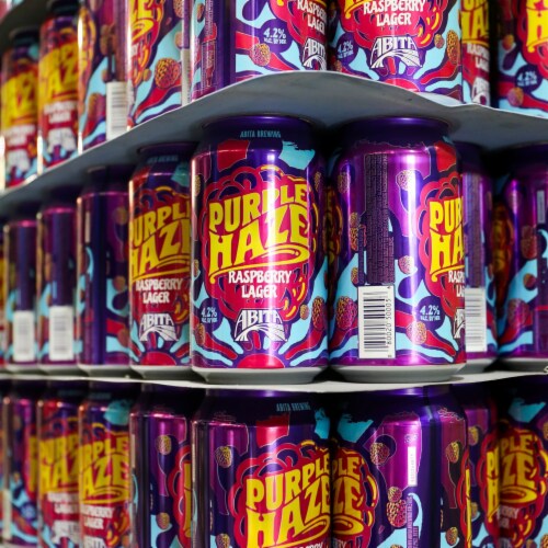 Abita Purple Haze Raspberry Lager Craft Beer 12 Pack cans 4.2% ABV Perspective: left