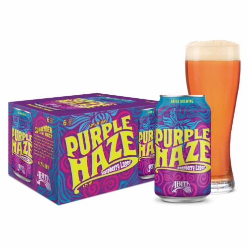Abita® Brewing Purple Haze Raspberry Lager Cans Perspective: left