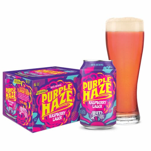 Abita Purple Haze Raspberry Lager Craft Beer 6 Pack cans 4.2% ABV Perspective: left