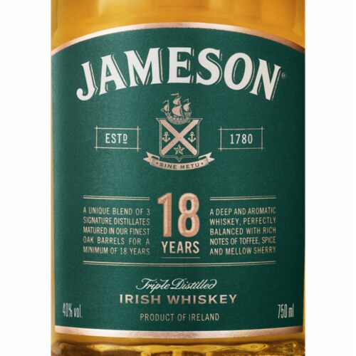 Jameson Aged 18 Years Blended Irish Whiskey Perspective: left