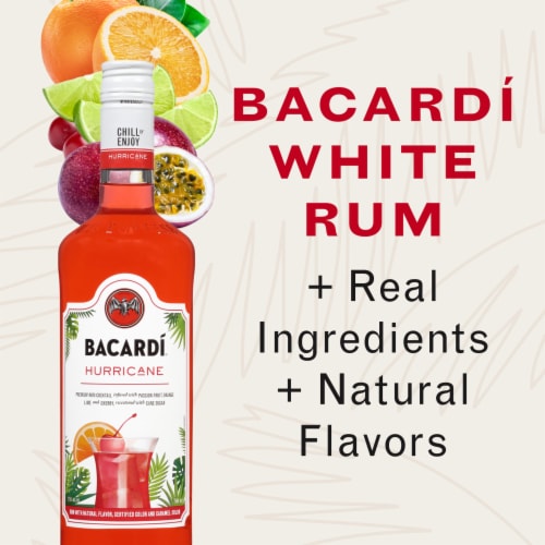 Bacardi Premium Hurricane Rum Ready to Drink Cocktail Single Bottle Perspective: left