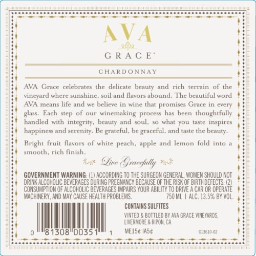 Ava Grace Chardonnay White Wine Perspective: left