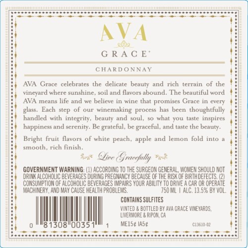 Ava Grace Chardonnay White Wine Perspective: left
