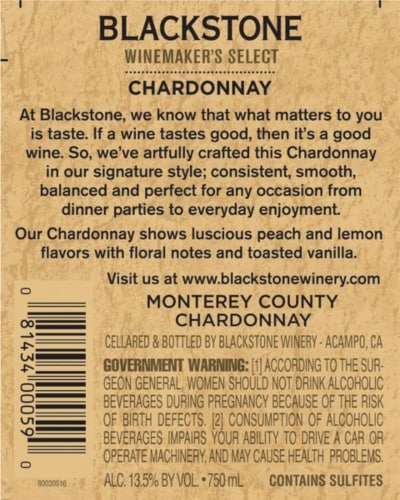 Blackstone Winery Chardonnay California White Wine Perspective: left