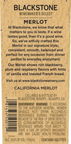 Blackstone Winemakers Select Merlot Red Wine Perspective: left