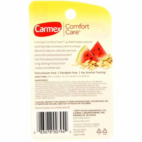 Carmex Comfort Care Colloidal Oatmeal Lip Balm Stick, Watermelon Blast, 0.15 oz Perspective: left