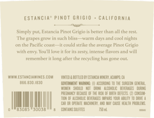 Estancia Pinot Grigio California White Wine Perspective: left