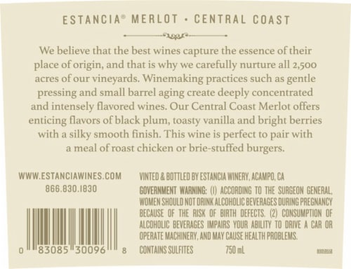 Estancia Merlot Red Wine Perspective: left