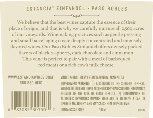 Estancia Zinfandel Red Wine Perspective: left