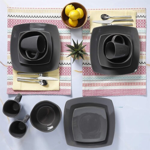 Gibson Soho Lounge Square Reactive Glaze Stoneware 16 Piece Dinnerware Set, Gray Perspective: left
