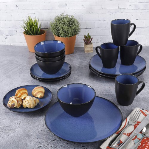 Gibson Soho Lounge 16 Piece Round Glaze Dinnerware Plates, Bowls, & Mugs, Blue Perspective: left