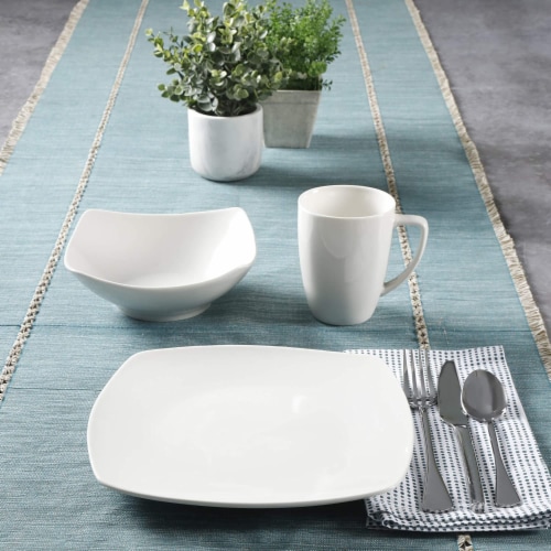 Gibson Zen Buffetware 12 Piece Square Dinnerware Plate, Bowl, & Mug Set, White Perspective: left