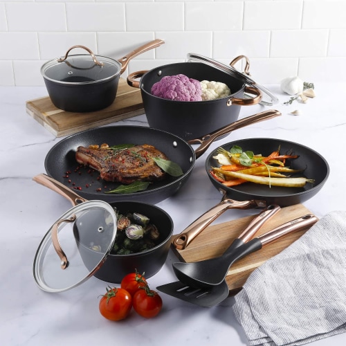 Mainstays 10-Piece Nonstick Cookware Set, Matte Black Rose Gold