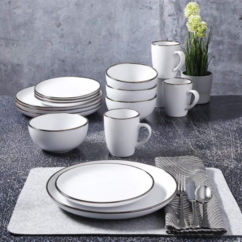 Gibson Home Rockaway Round Stoneware Dinnerware Set, Service for 4, Matte White Perspective: left