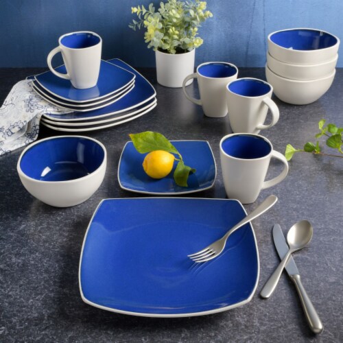 Gibson Soho Lounge White Square 16 Piece Dinnerware Set Blue Service for 4 16pcs Foods Co