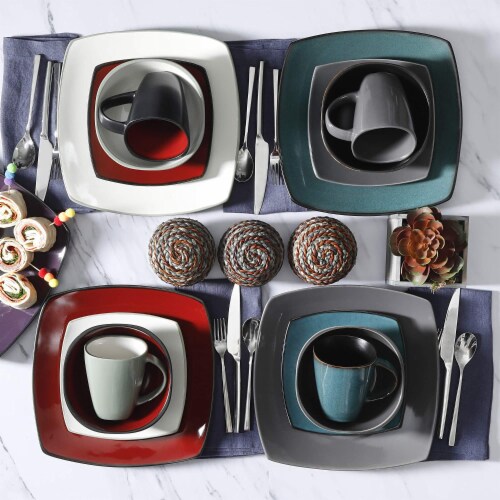 Gibson Soho Lounge 16 Piece Reactive Glaze Dinnerware Plates, Bowls, & Mugs, Red Perspective: left