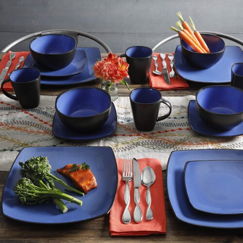 Gibson Elite Soho Lounge 16 Piece Plates, Bowls, & Mugs Dinnerware Set, Blue Perspective: left