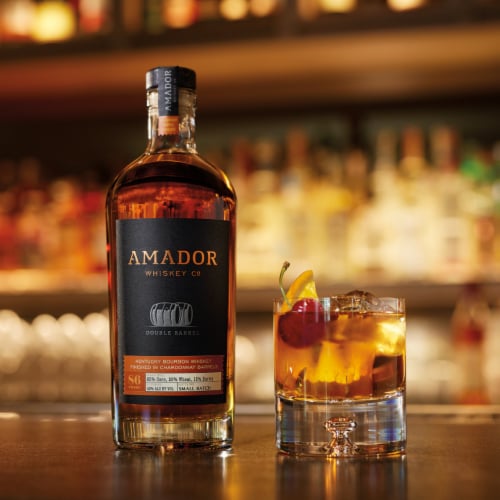 Amador Whiskey Co. Double Barrel Chardonnay Finished Kentucky Bourbon Whiskey Perspective: left