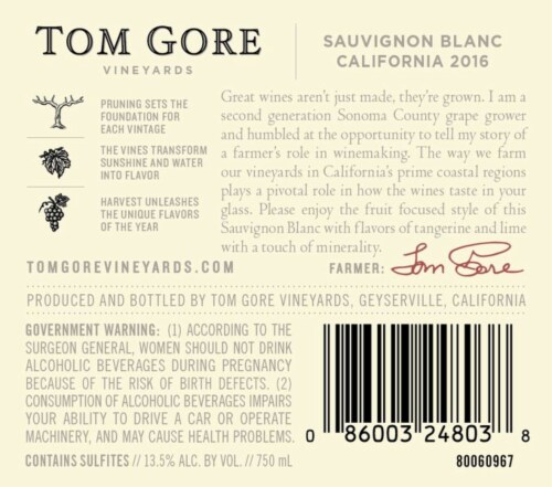 Tom Gore Sauvingnon Blanc White Wine Perspective: left